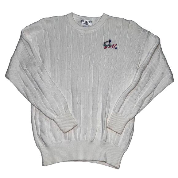 La Mode Golf Sweater Size L White Cable Knit Embroidered V-Neck Cotton Vintage - Picture 1 of 14